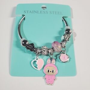 Labubu- Stainless Steel Kids Charm Bracelet - Pink and Silver